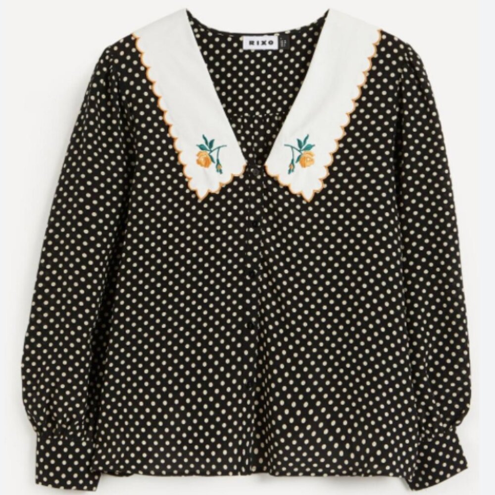 RIXO Lila 100% Silk Polka Dot Floral Embroidered Bib Collar Blouse Cottage Sz S